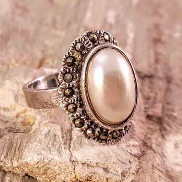 Sterling Oval Faux Pearl Cabochon Marcasite Bezel Ring - Picture 1 of 8